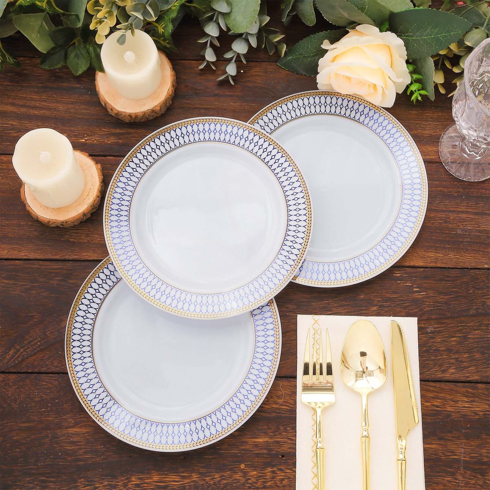 10-Pack Plastic 7" Round Dessert Plates in White with Gold Navy Blue Chord Rim - Renaissance Style Disposable Salad Appetizer Plates for Events & Banquets