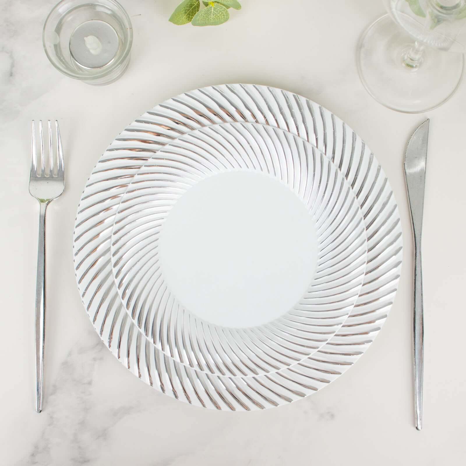 10-Pack Plastic 7" Round Dessert Plates in White with Silver Swirl Rim - Disposable Salad Plates