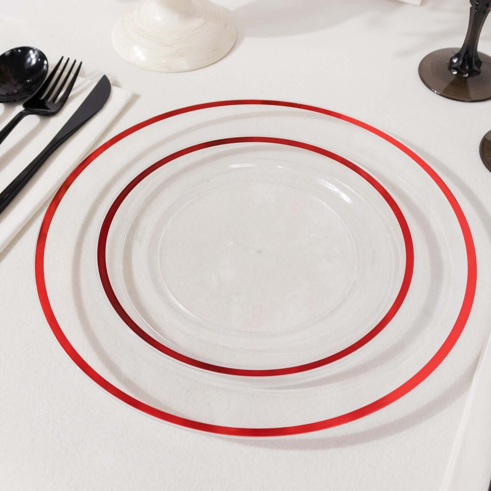 10-Pack Plastic 7" Round Appetizer Plates in Clear with Red Rim - Sleek Disposable Salad Plates for Banquets & Special Occasions