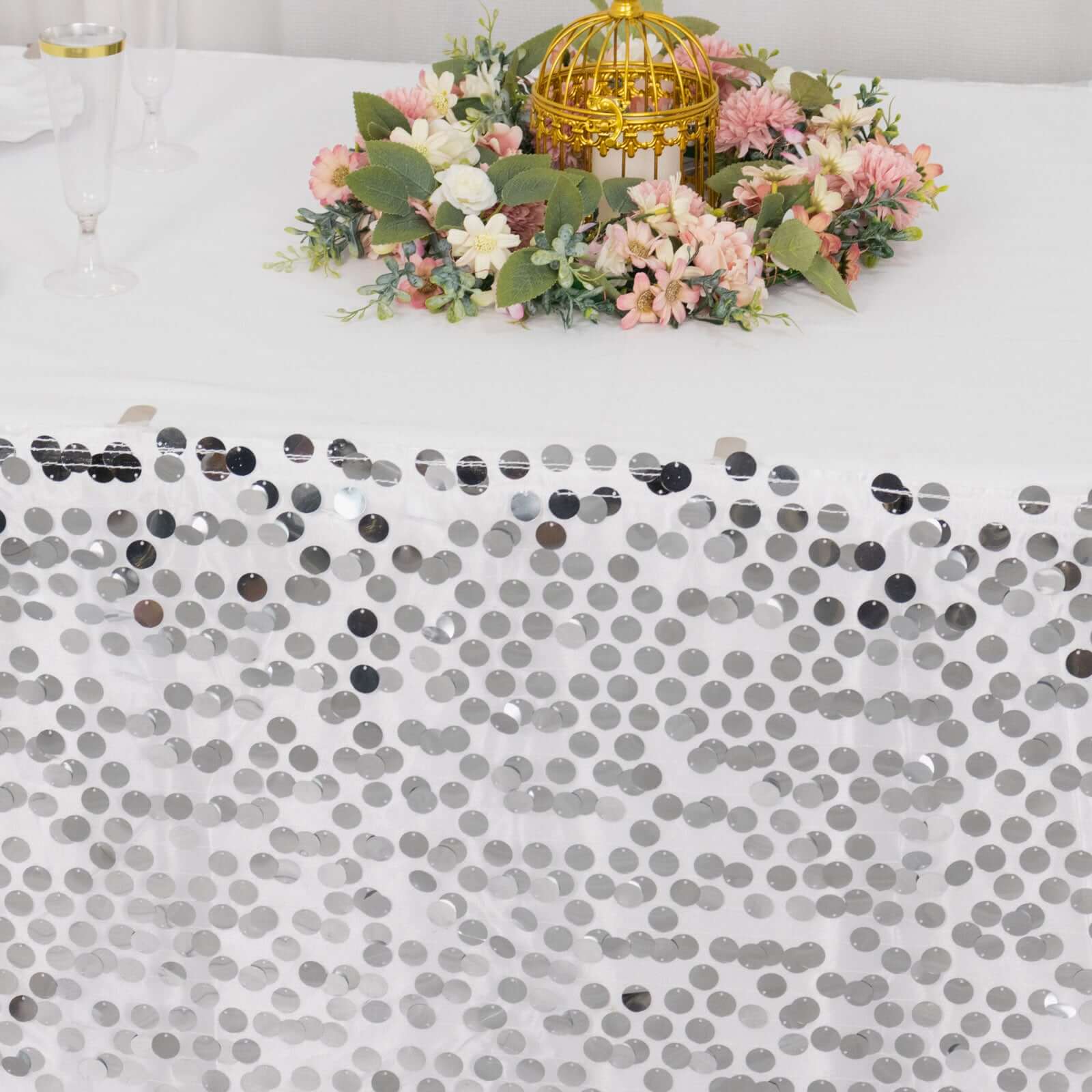 Payette Sequin 21ft Table Skirt Silver - Dual Layered Satin Table Cover