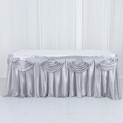 Satin 14ft Table Skirt Silver - Pleated Double Drape Table Cover