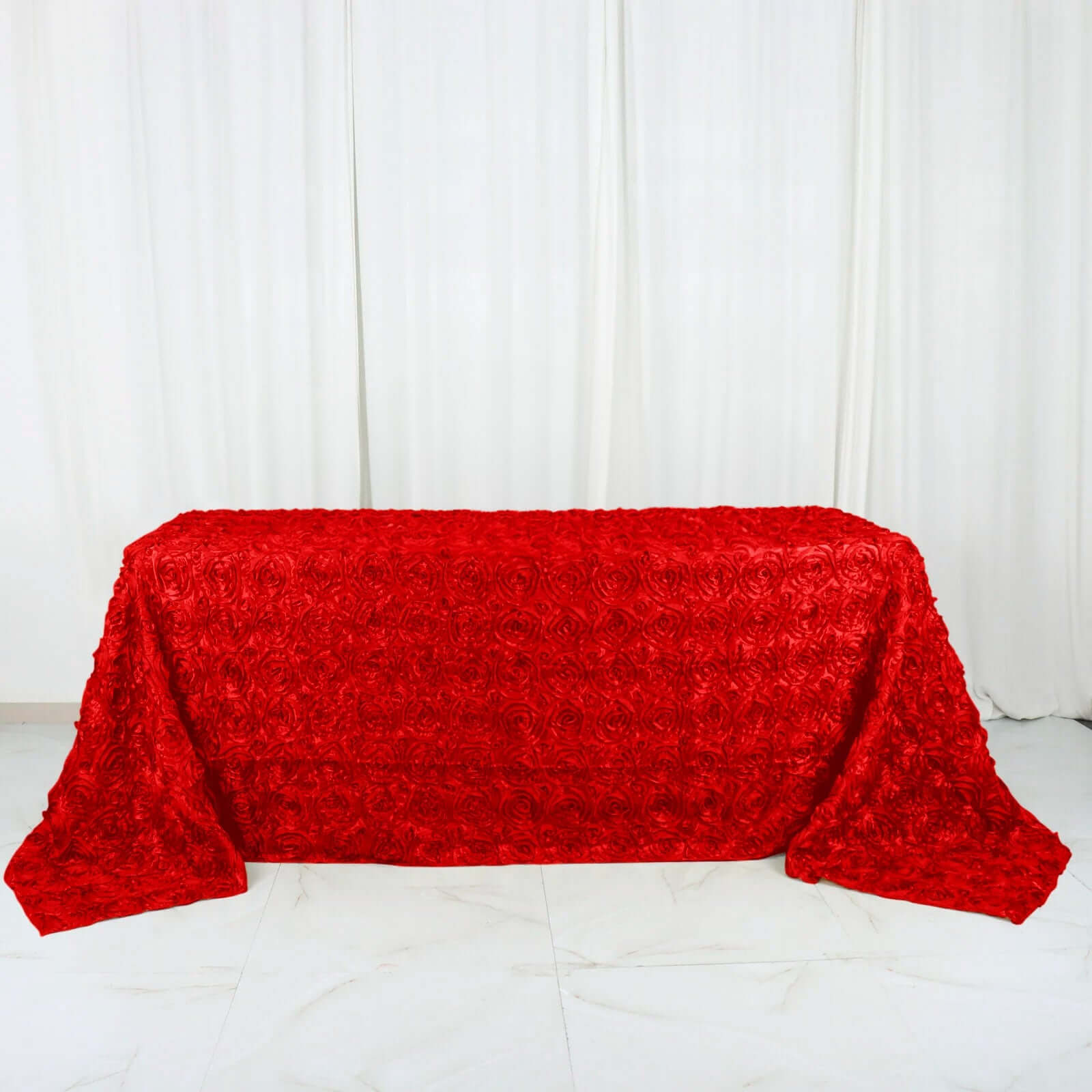 Satin 90"x132" Rectangle Tablecloth Red - Grandiose 3D Rosette Seamless Table Cover