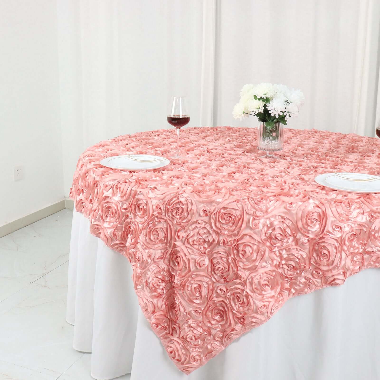 Satin 72"x72" Table Overlay Square Tablecloth Dust Rose - 3D Rosette Table Cover