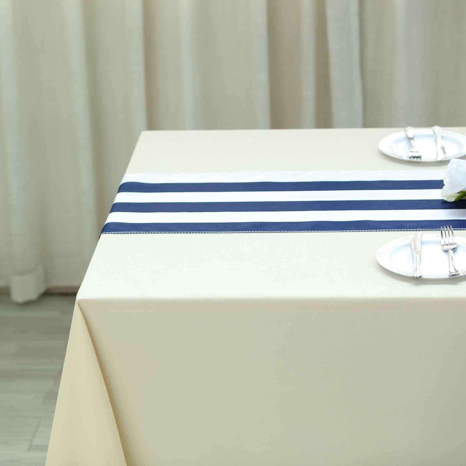 Satin 12"x108" Table Runner Navy Blue/White Stripe - Classic Striped Design