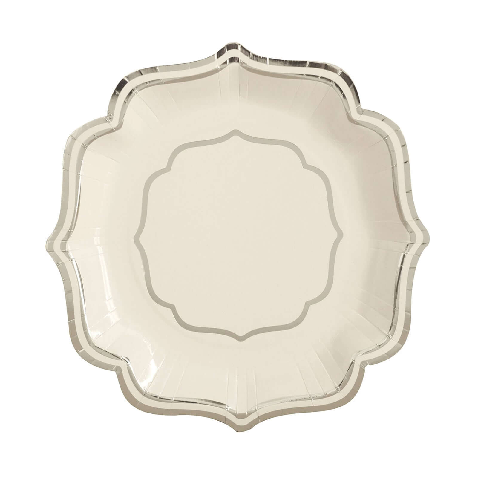 25-Pack Paper Dessert Plates in White with Silver Scallop Rim - Disposable 300GSM Appetizer Salad Plates 8"