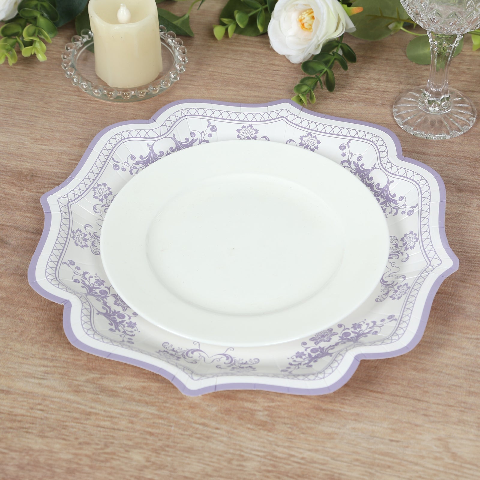 25-Pack Paper Dessert Plates in White with Lavender Lilac Damask Floral Print & Scallop Rim - Stylish Disposable 300GSM Floral Salad Appetizer Plates 8"
