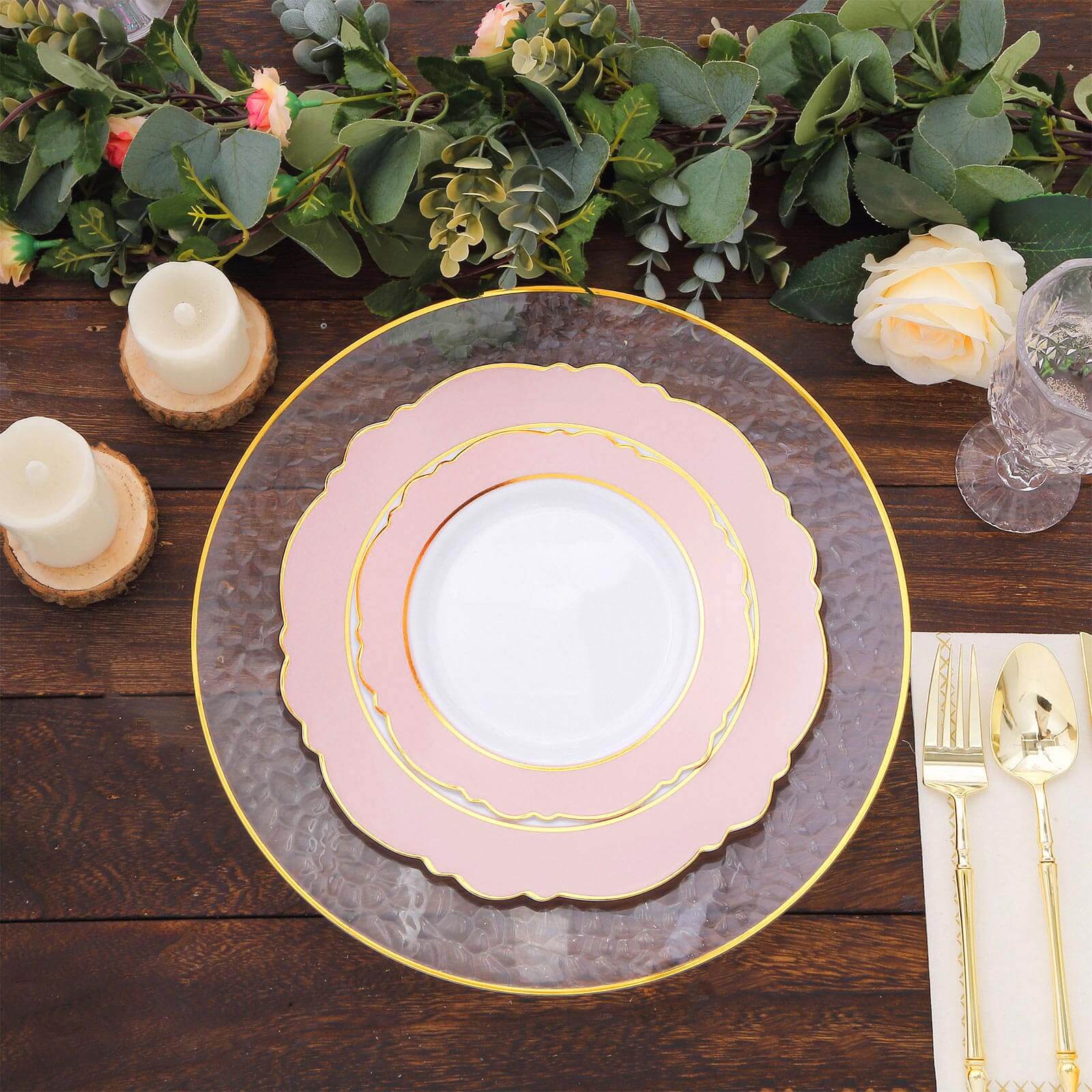 10-Pack Plastic 8" Round Dessert Plates in White with Blush Blossom Design & Gold Edging - Disposable Salad Appetizer Plates