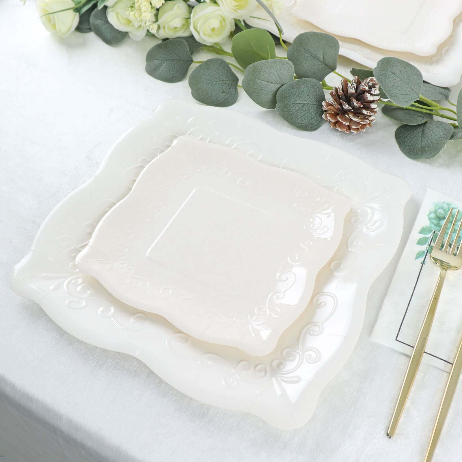 25-Pack Paper 11" Square Dinner Plates in White with Vintage Pottery Embossed Design - Shiny Disposable Serving Plates