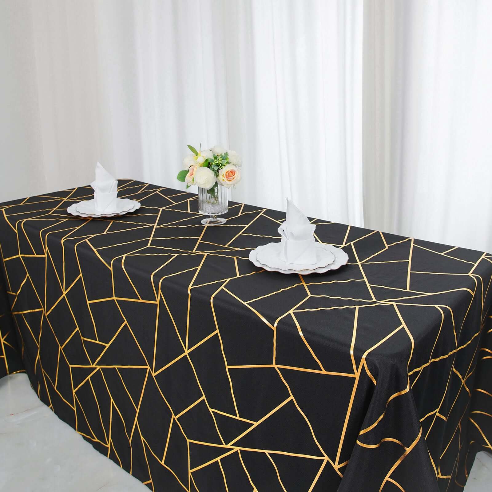 Polyester 90"x132" Rectangle Tablecloth Black Seamless with Gold Foil Geometric Pattern - Wrinkle-Resistant Seamless Table Cover