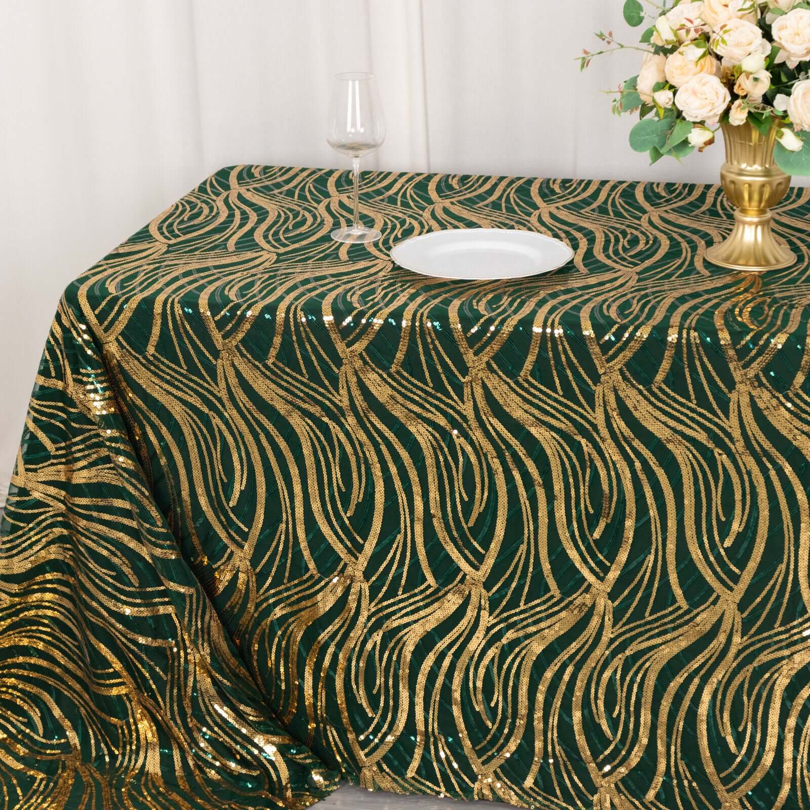 Mesh 90"x156" Rectangle Tablecloth Hunter Emerald Green/Gold - Wave Sequin Embroidered Table Cover