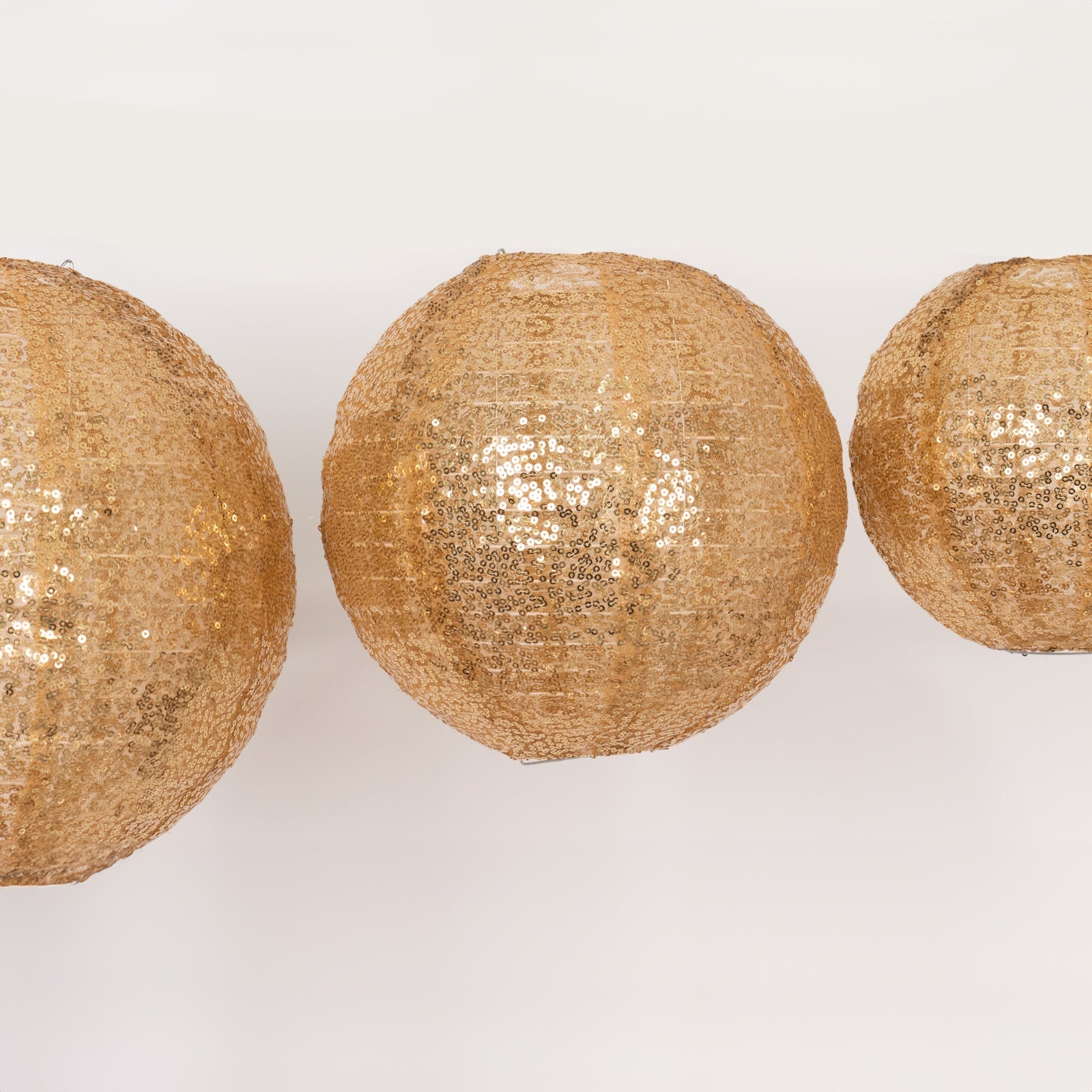 Set of 3 Glitter Gold Sequin Fabric Hanging Lanterns, Decorative Round Foldable Chinese Lantern Lampshades - 8",10",12"