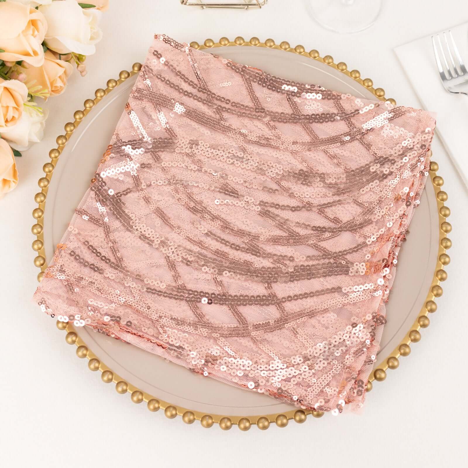 Sequin Mesh 20"x20" Napkin Blush - Wave Embroidered Reusable Napkin