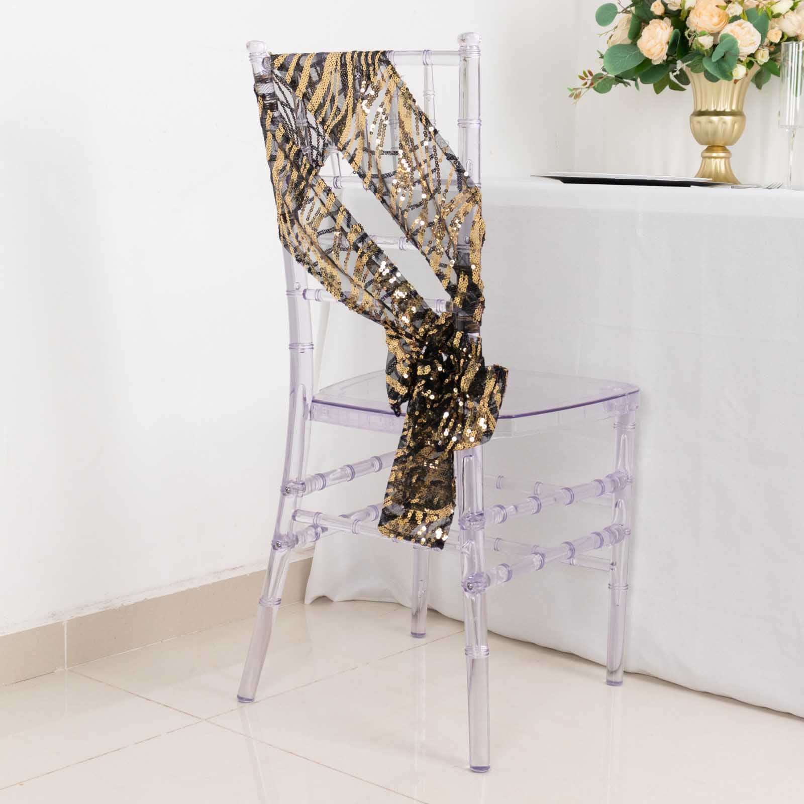 5 Pack Chair Sashes with Wave Embroidered Sequins Black/Gold 6"x88" - Stylish Glittering Decor for Weddings