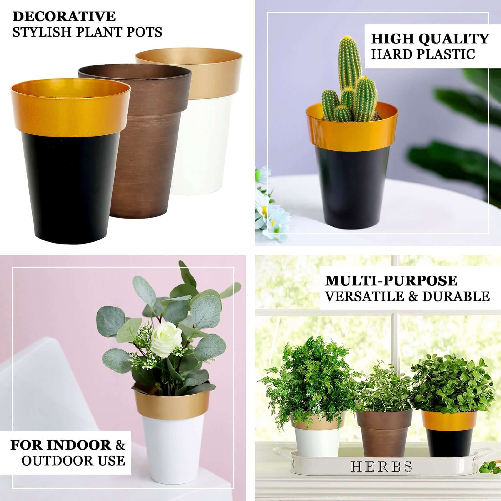 2-Pack Flower Plant Pots Medium Design Black with Gold Rim - Plastic Indoor Decorative Planters 6"