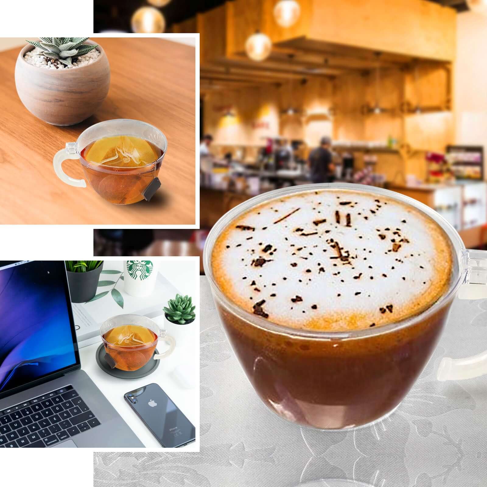 25-Pack Disposable Plastic Coffee Cups with Handles - 6oz Transparent Blush Hard Tea Mugs for Hot Beverages