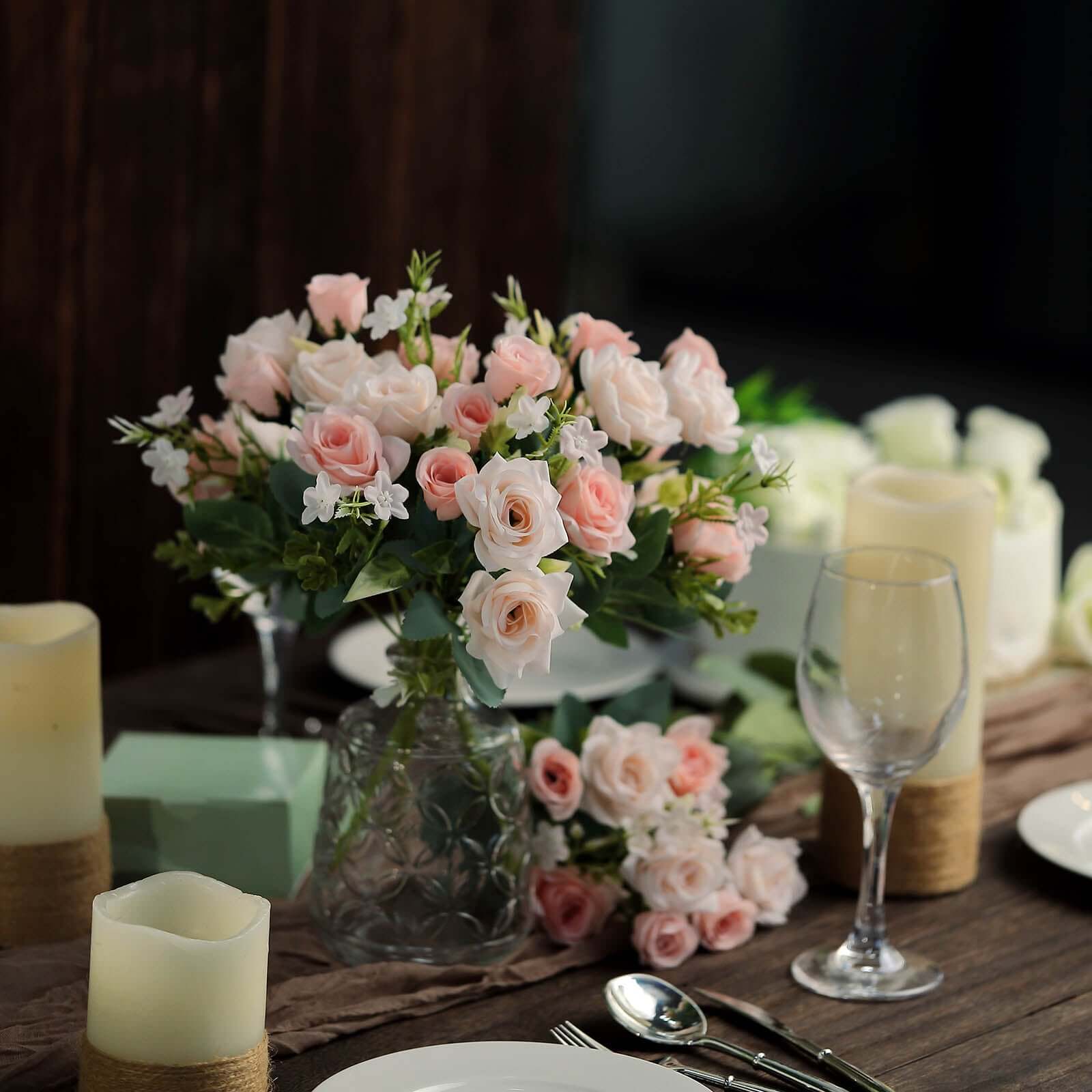 4 Bushes 12" Blush Real Touch Artificial Silk Rose Flower Bouquet, Faux Bridal Flowers