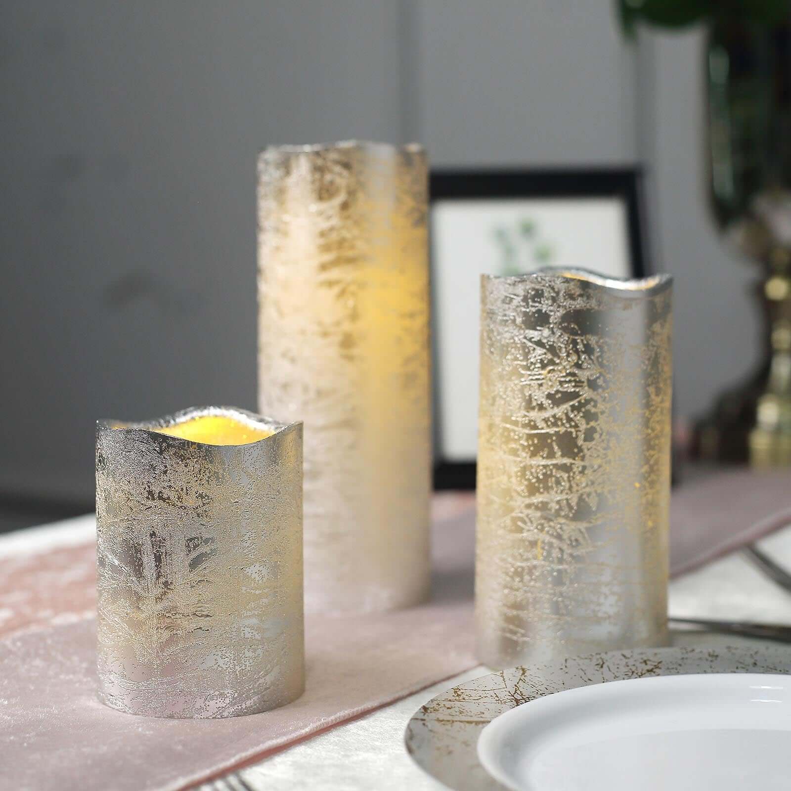 Set of 3 LED Flameless Pillar Candles Remote Operated Metallic Silver - Battery Powered 4", 6", 8"