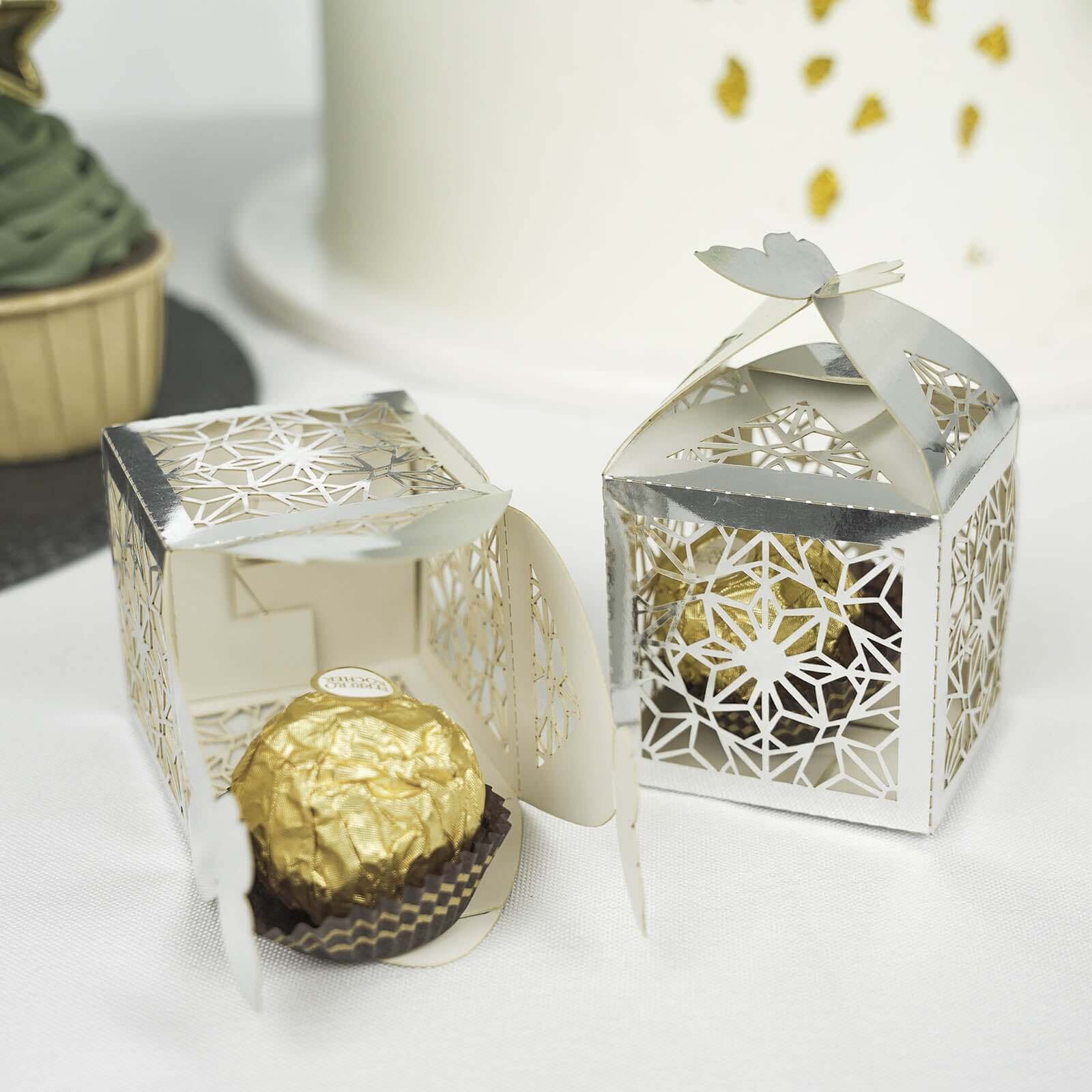 25 Pack Silver Butterfly Top Laser Cut Lace Favor Candy Gift Boxes