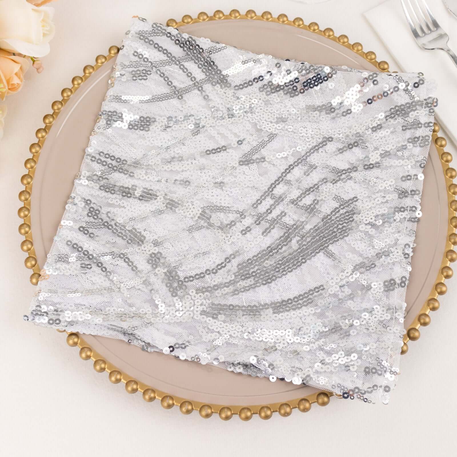 Sequin Mesh 20"x20" Napkin SIlver - Wave Embroidered Reusable Napkin
