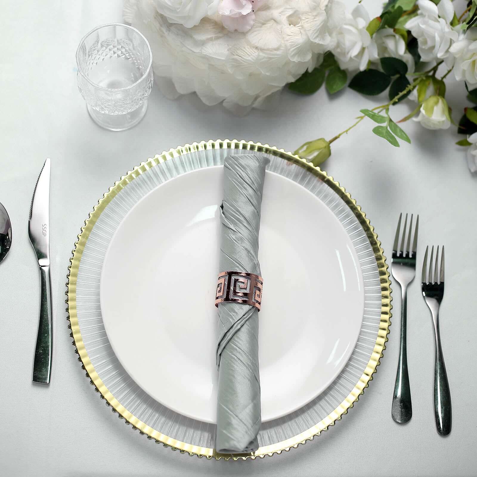 5 Pack Taffeta 20"x20" Napkins Silver - Accordion Crinkle Dinner Napkins