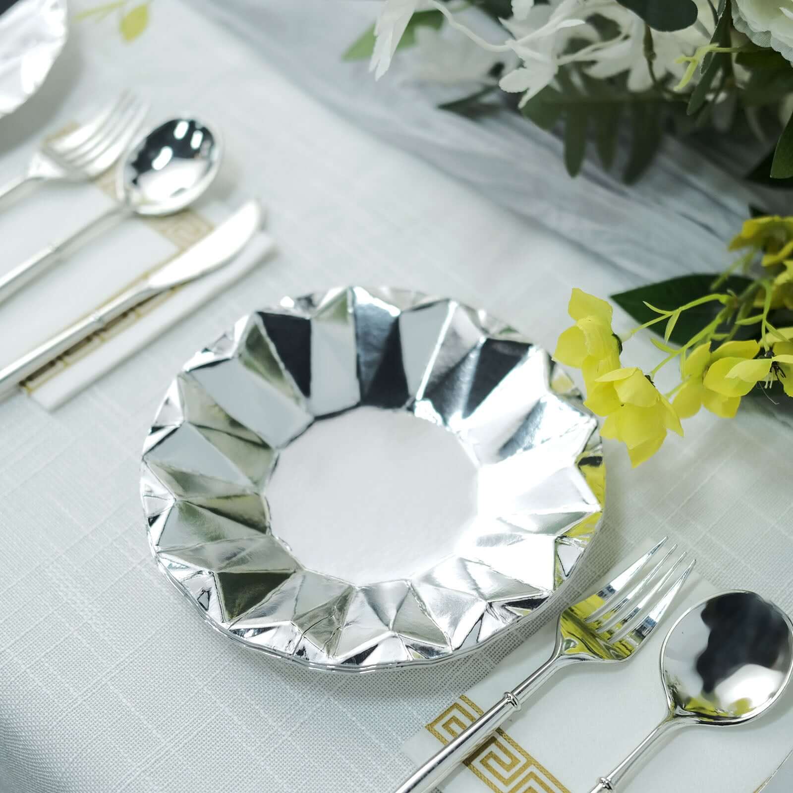 25-Pack Paper 7" Round Dessert Plates in Metallic Silver with Geometric Prism Rim - Disposable 400GSM Appetizer Salad Plates