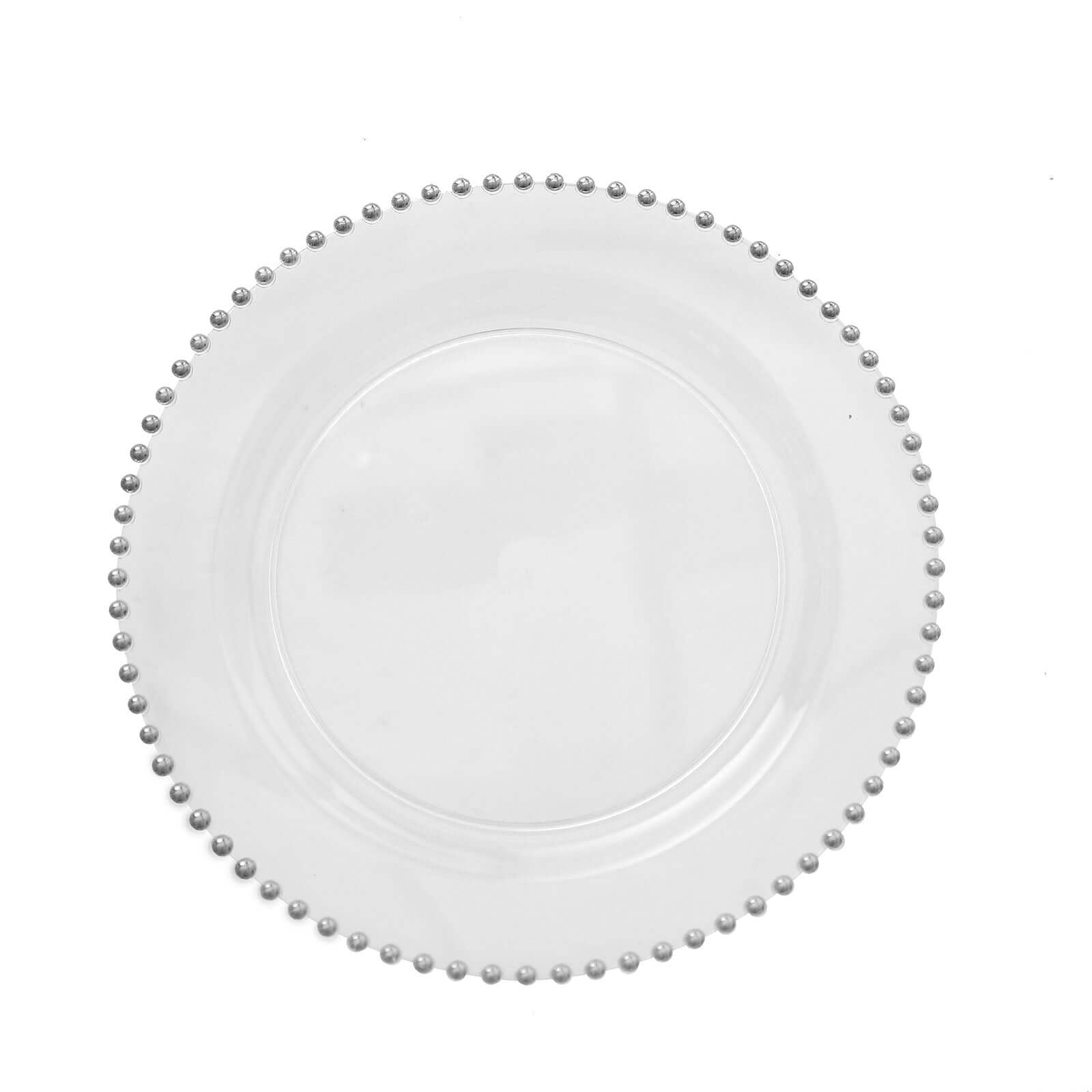 10-Pack Plastic 10" Round Dinner Plates in Clear with Silver Beaded Rim - Disposable Party Plates for Banquets & Festive Occasions