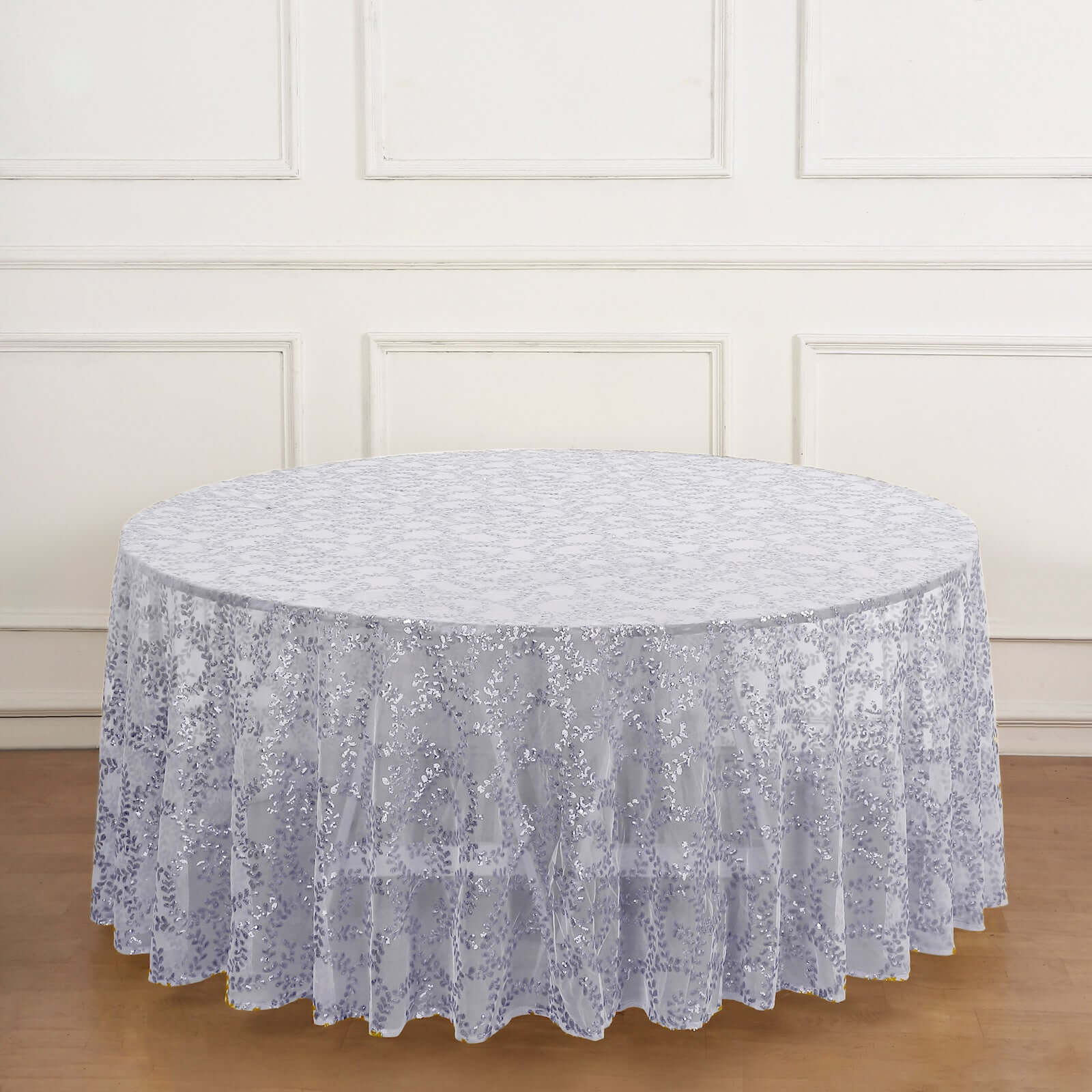 Tulle 120" Round Tablecloth Silver - Seamless Sequin Leaf Embroidered Table Cover