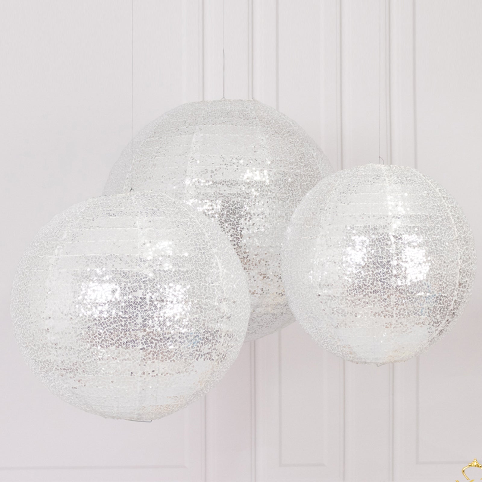 Set of 3 Glitter Silver Sequin Fabric Hanging Lanterns, Large Decorative Round Foldable Chinese Lantern Lampshades - 14",16",20"