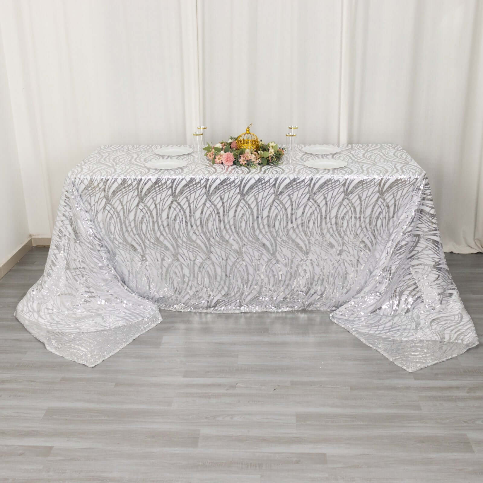 Mesh 90"x156" Rectangle Tablecloth Silver - Wave Sequin Embroidered Table Cover