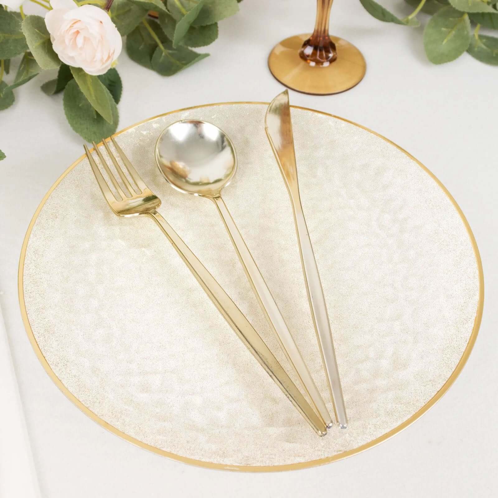 10-Pack Plastic 9" Round Dinner Plates in Clear Gold Glittered Hammered Design with Gold Rim - Modern Disposable Party Plates