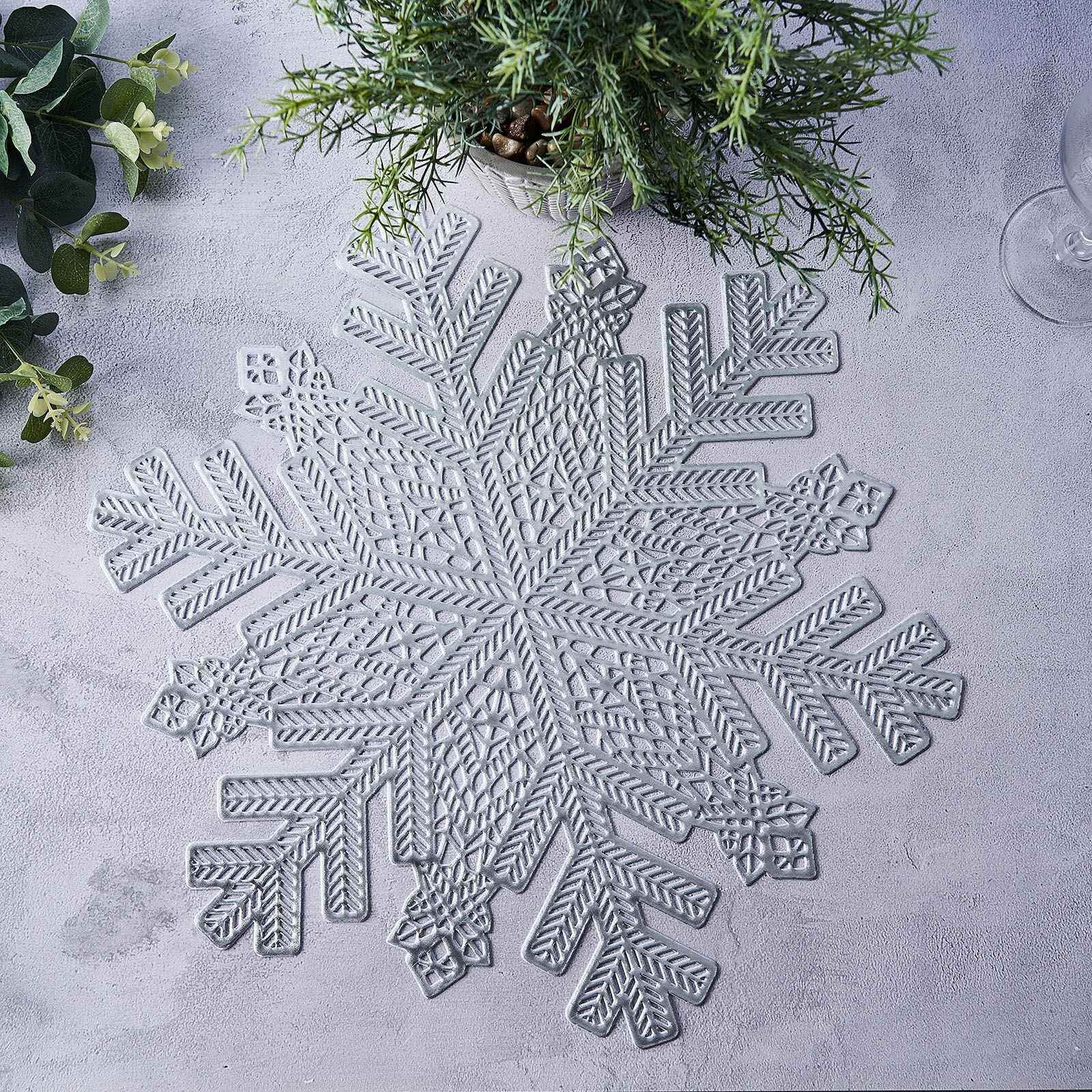 6-Pack Dining Table Mats Snowflake Design Silver - Vinyl Non-Slip Surface for Winter Decor 18"