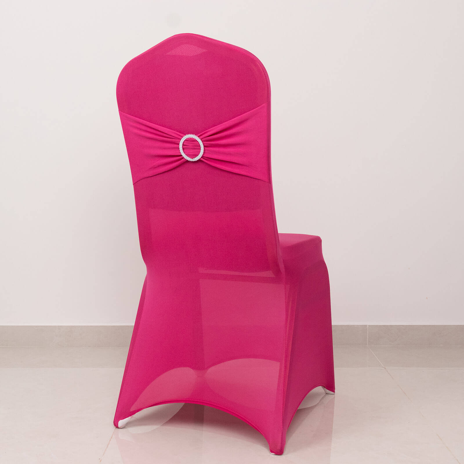 Spandex Chair Cover with Silver Rhinestone Buckled Sash Band Fuchsia - Stretch Fitted Slipcover