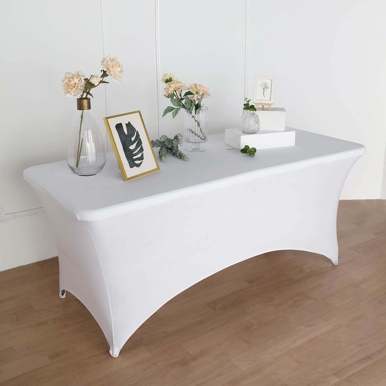 Stretch Spandex 72"x30" Rectangular Table Cover White with Curved Open Back Design Tailored Professional Look for Tradeshows, Events & Exhibitions