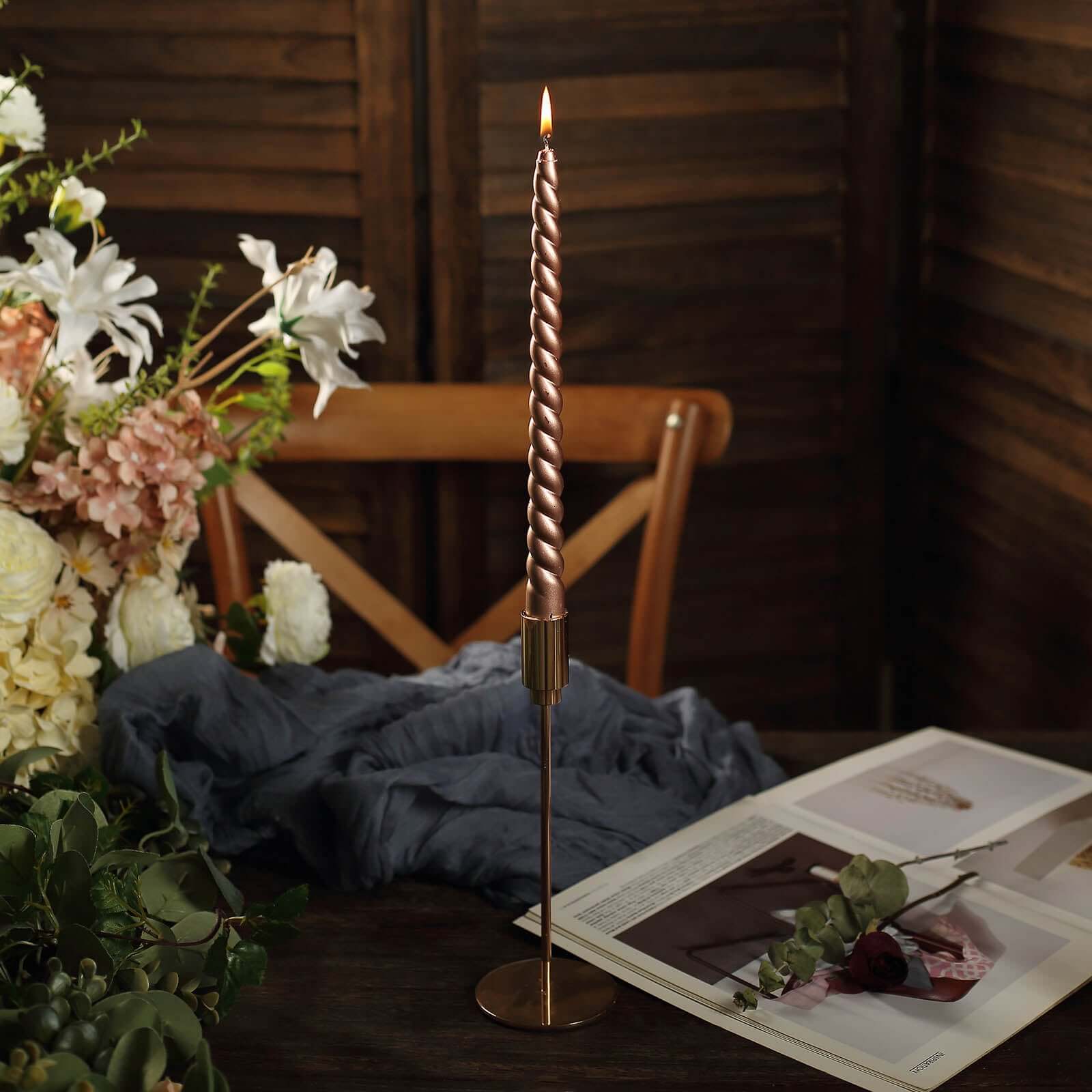 12-Pack Taper Candles Spiral Long Burn Wick Design Matte Rose Gold - Premium Unscented Wax Dinner Candle Sticks 11"