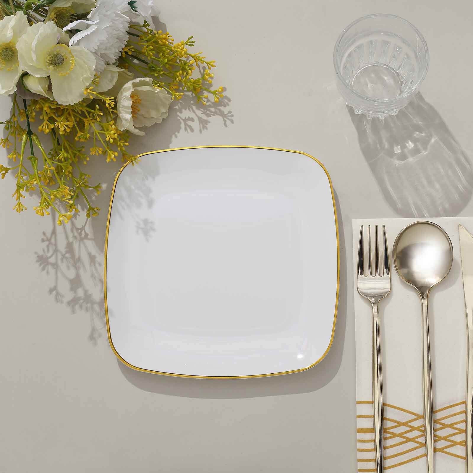 10-Pack Plastic 7" Square Dessert Plates in White with Gold Rim - Classy Disposable Appetizer Salad Plates for Weddings & Special Events