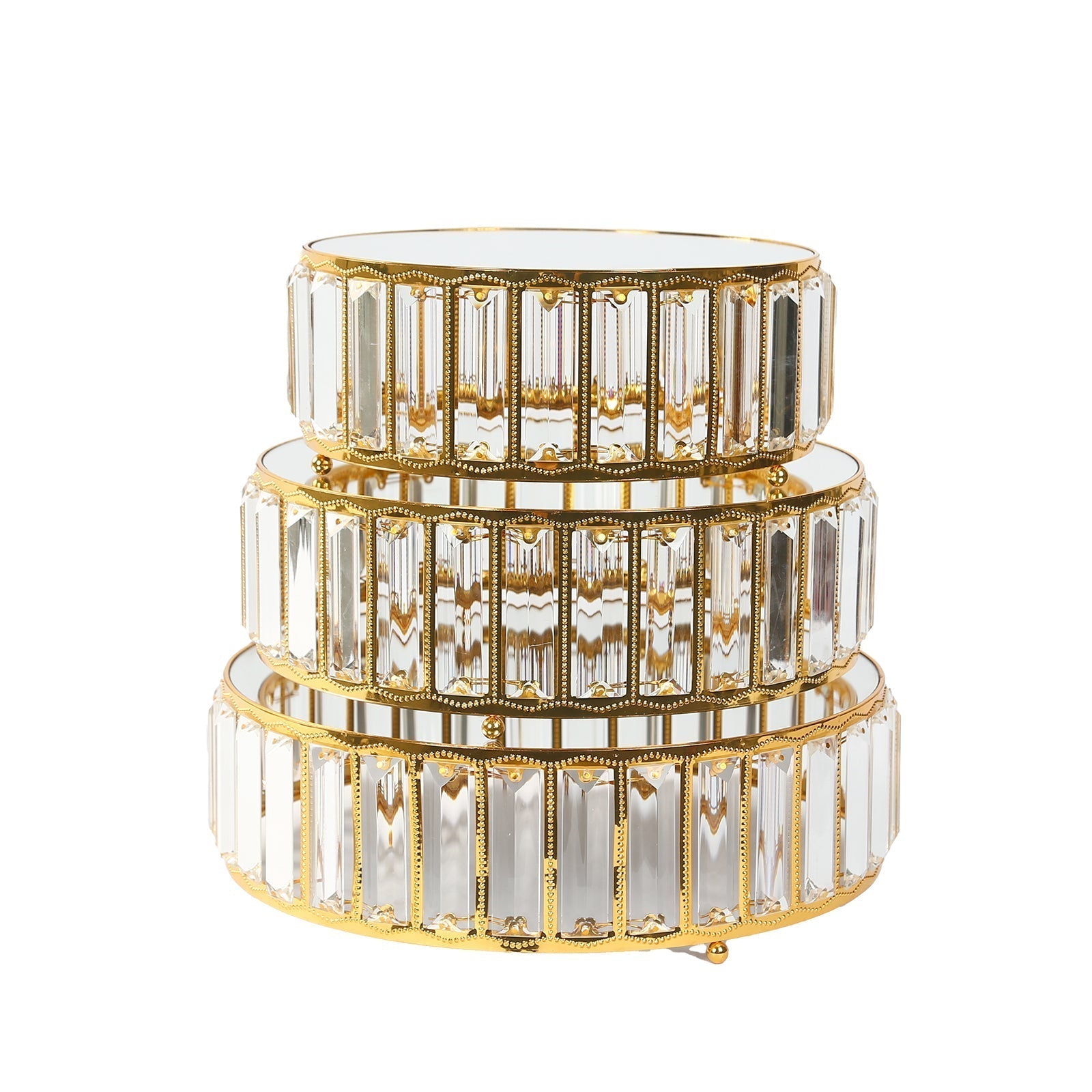 Set of 3 Gold Metal Crystal Pendant Cake Stands with Mirror Top, Stackable Round Dessert Display Trays - 9",11",12"