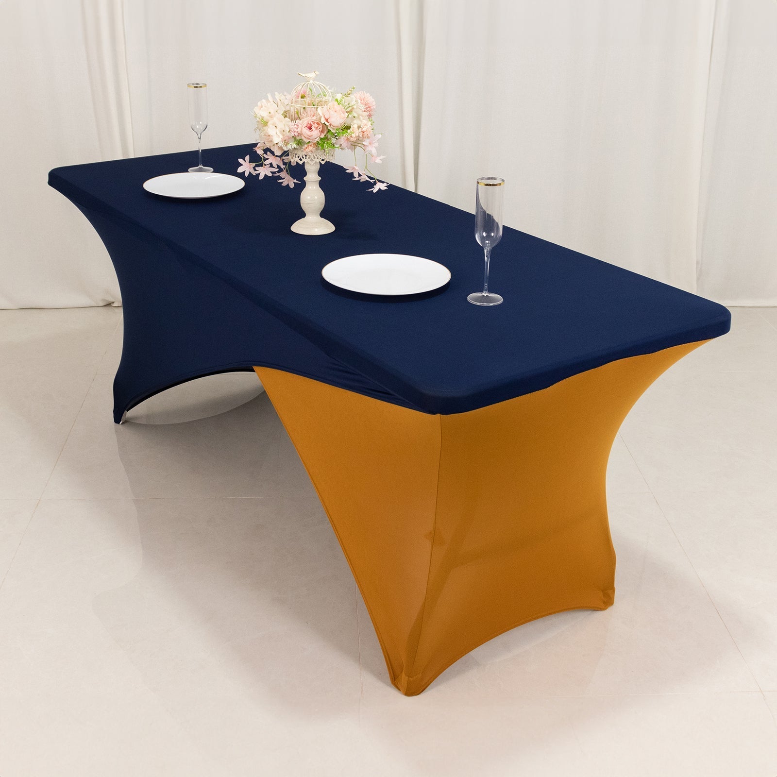 Stretch Spandex 72"x30" Rectangle Table Cover Navy Blue/Gold Cross Over Design - Two-Piece Fitted Tablecloth with Elastic Foot Pockets