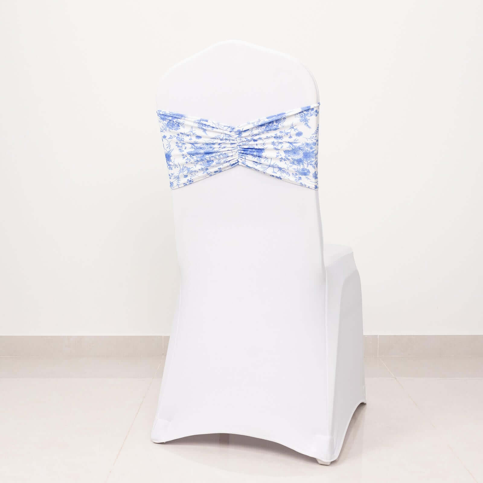 5 Pack Spandex Chair Sashes White/Blue French Toile Floral Pattern - Vintage-Inspired Wide Wrinkle-Free Stretchable Chair Bands 8"x13"