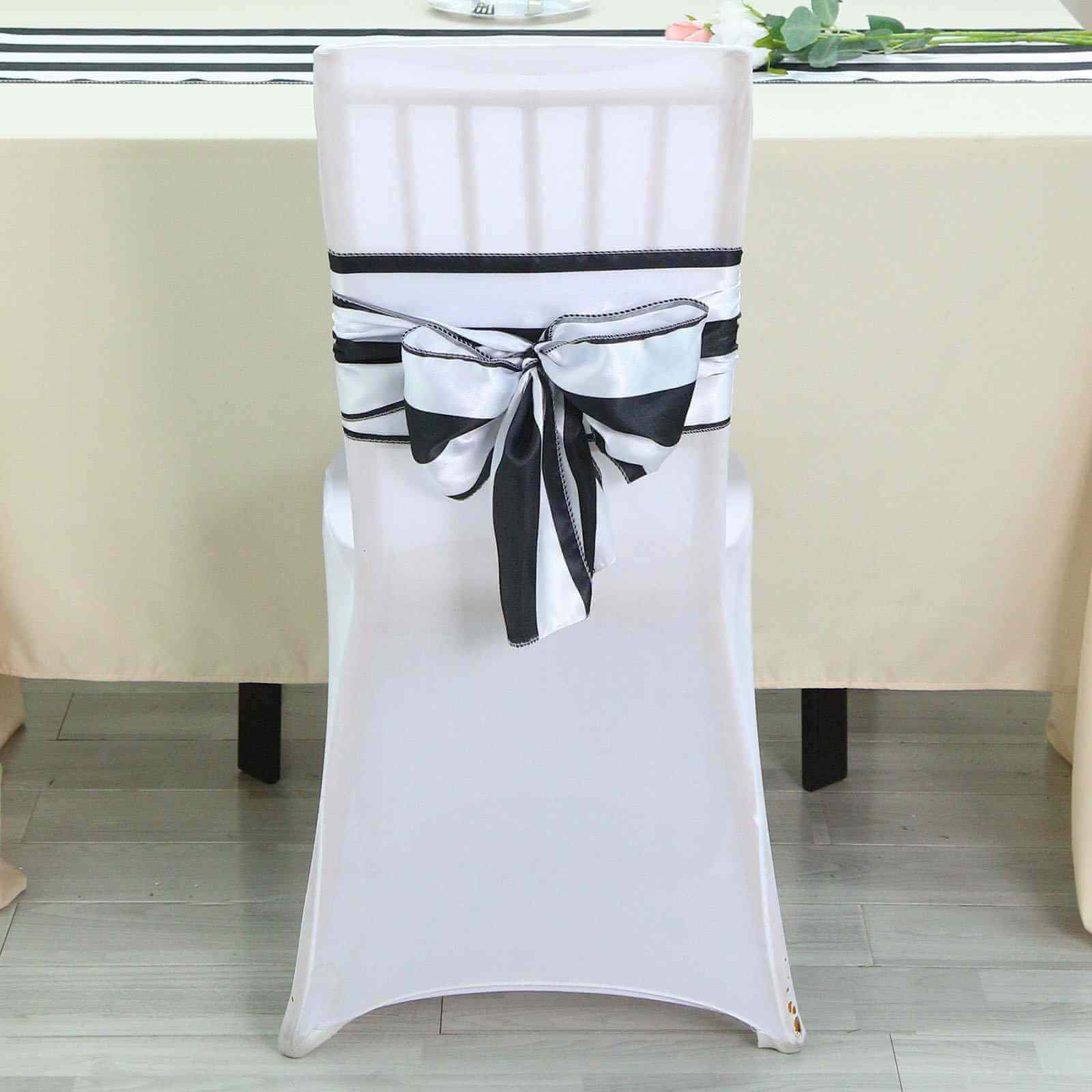5 Pack Satin 6"x108" Chair Sashes Black/White Stripes - Sophisticated Decor for Weddings & Gatherings