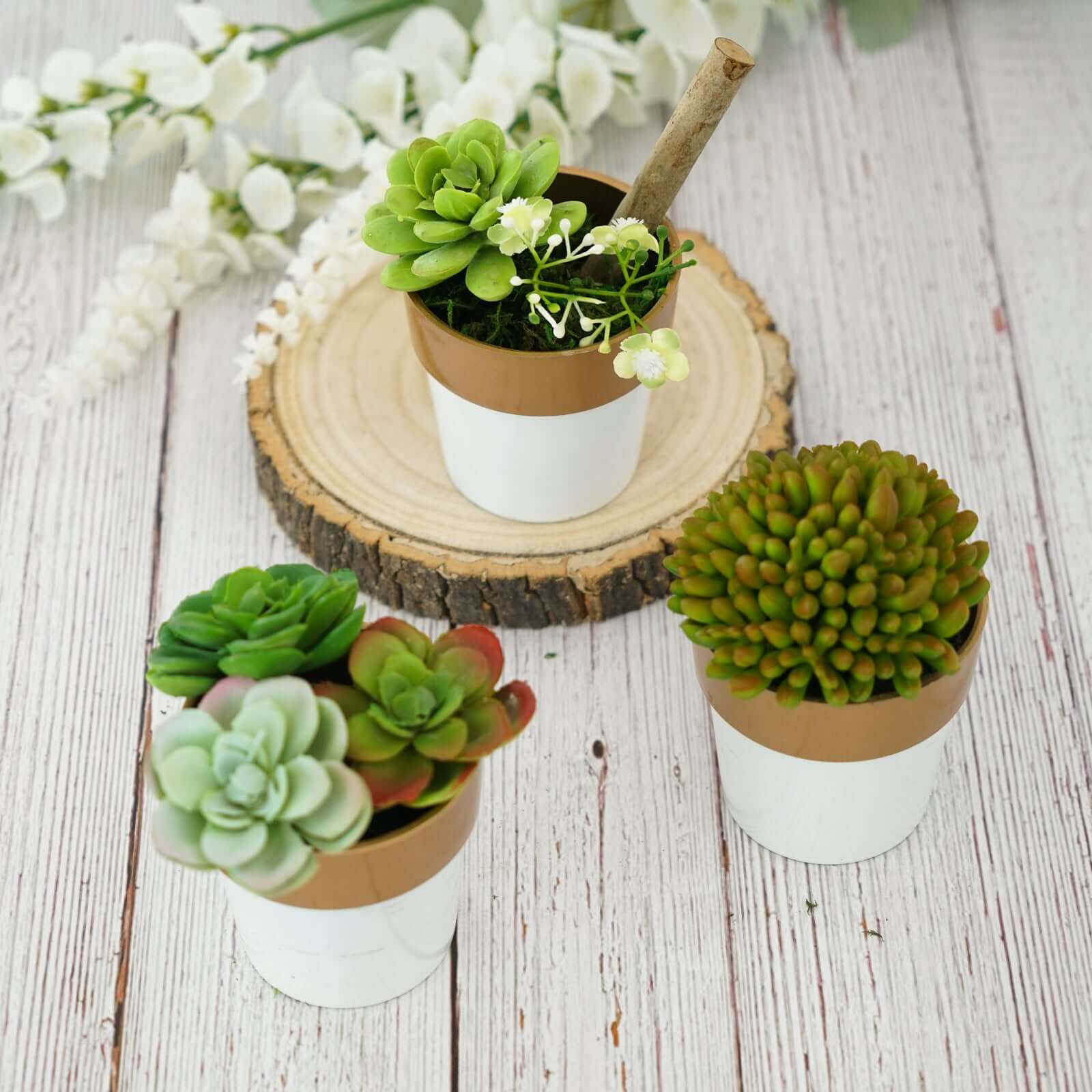 3-Pack Flower Plant Pots Small Design White with Gold Rim - Plastic Indoor Decorative Planters 3"
