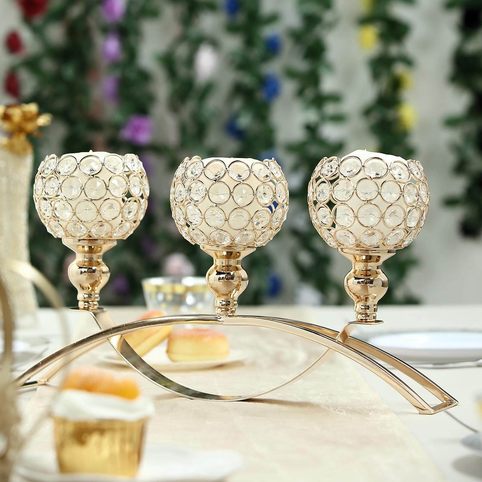 3-Arm Arch Bridge Candelabra Gold with Crystal Beads - Chic Table Centerpiece for Events 16"