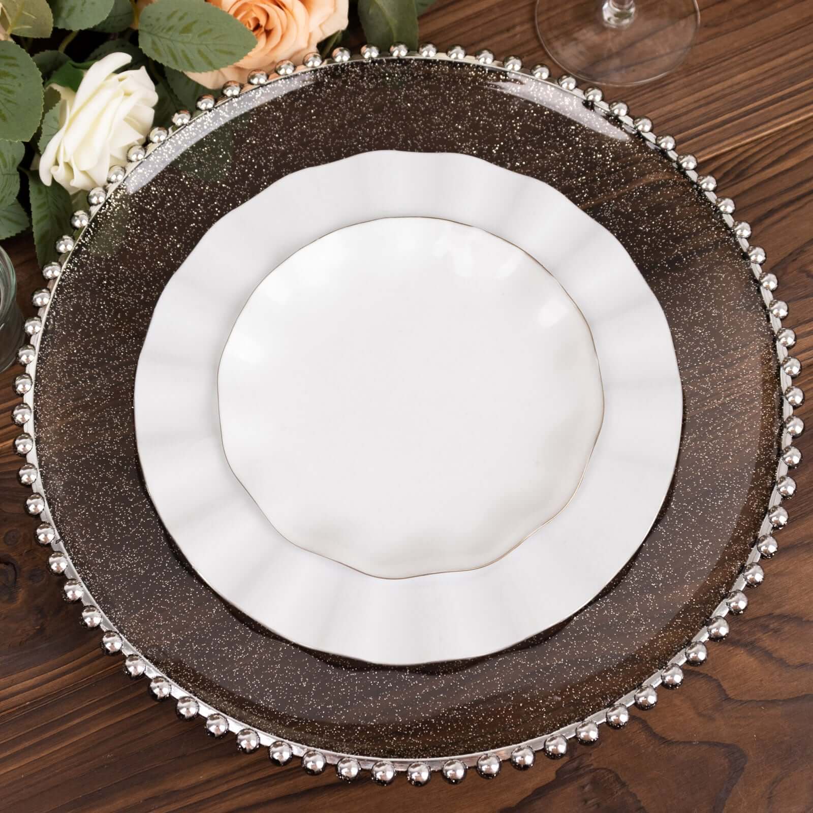 6-Pack Acrylic Round Charger Plates 13" in Transparent Black Silver Glittered with Beaded Rim, Decorative Dinner Party Charger Tableware
