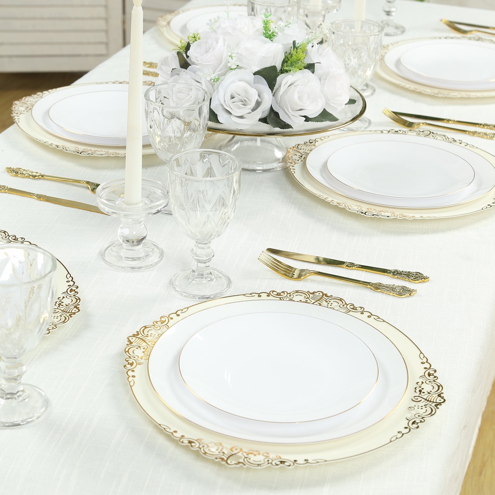 20-Pack Economy Plastic Round Charger Plates 13" in Ivory with Gold Embossed Baroque Rim, Stylish Dinner Party Serving Plates