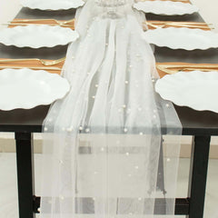 Sheer Tulle 48"x120" Table Runner White Pearl Embellished - Stylish Wedding & Event Table Linen