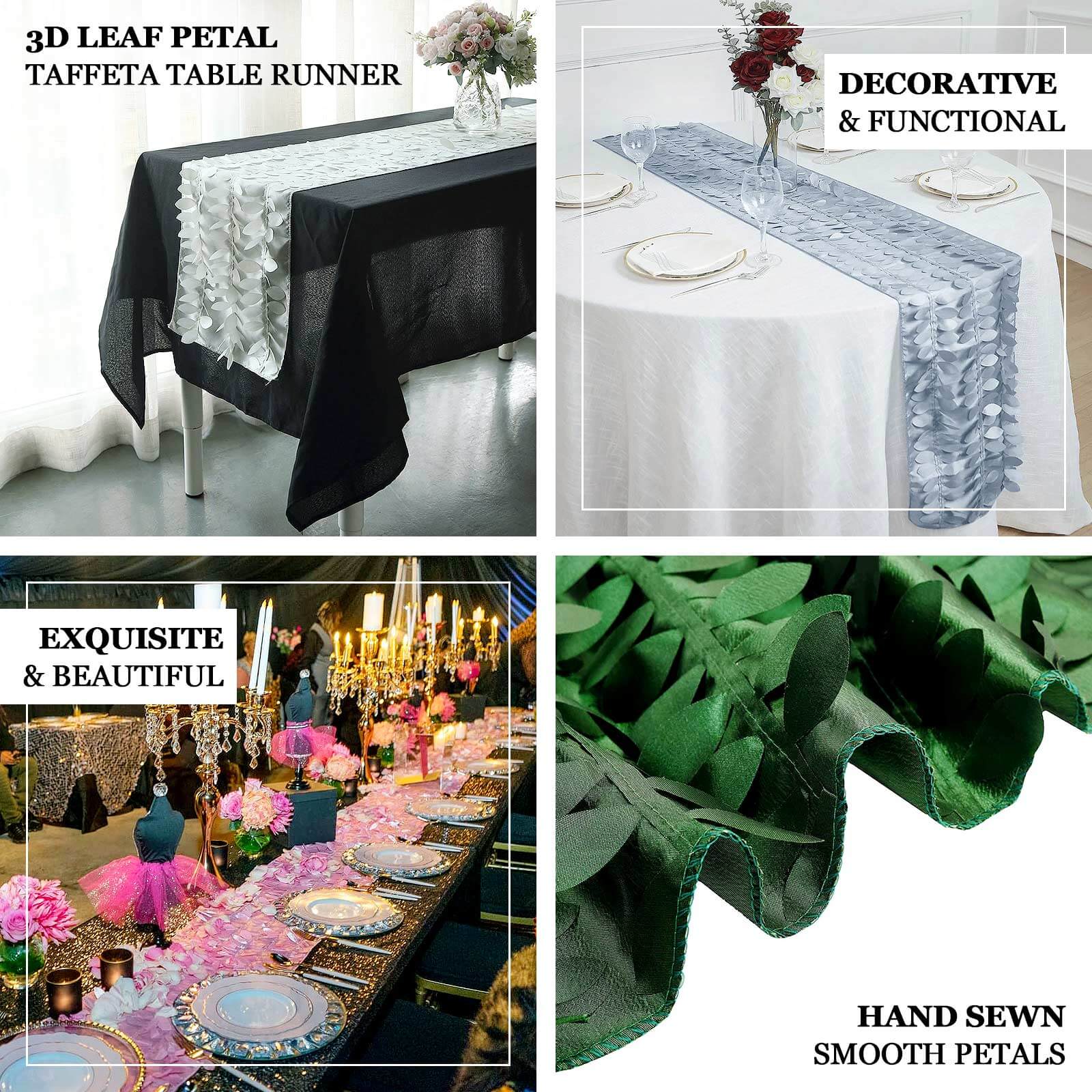 Taffeta Fabric 12"x108" Table Runner White 3D Leaf Petal - Stylish Wedding Decor