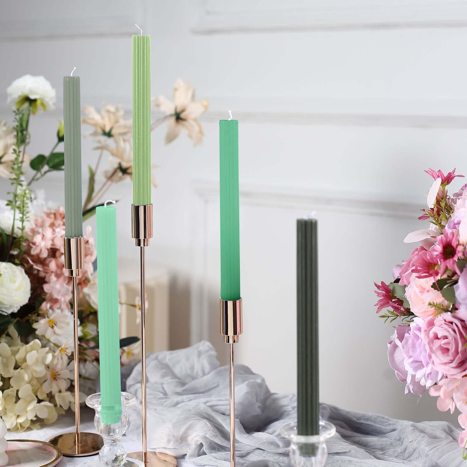 5-Pack Taper Candles Ribbed Wick Ribbon Wax Design Assorted Green - Premium Unscented Dinner Candles 9"
