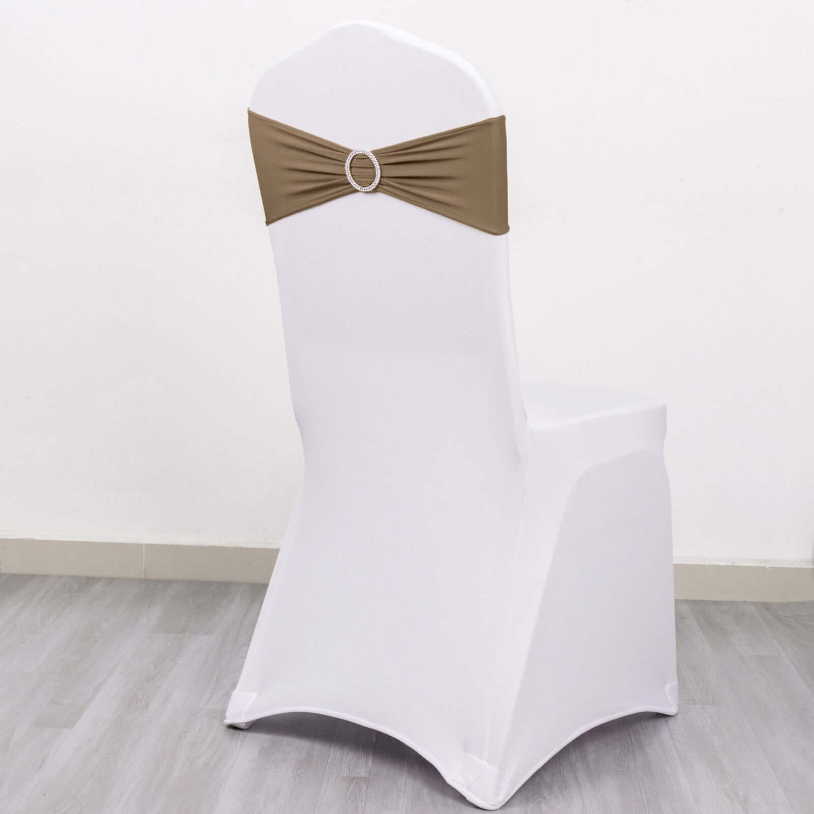 5 Pack Stretch Spandex Chair Sashes Taupe - Reusable Chair Bands with Silver Diamond Ring Slide Buckle 5"x14"