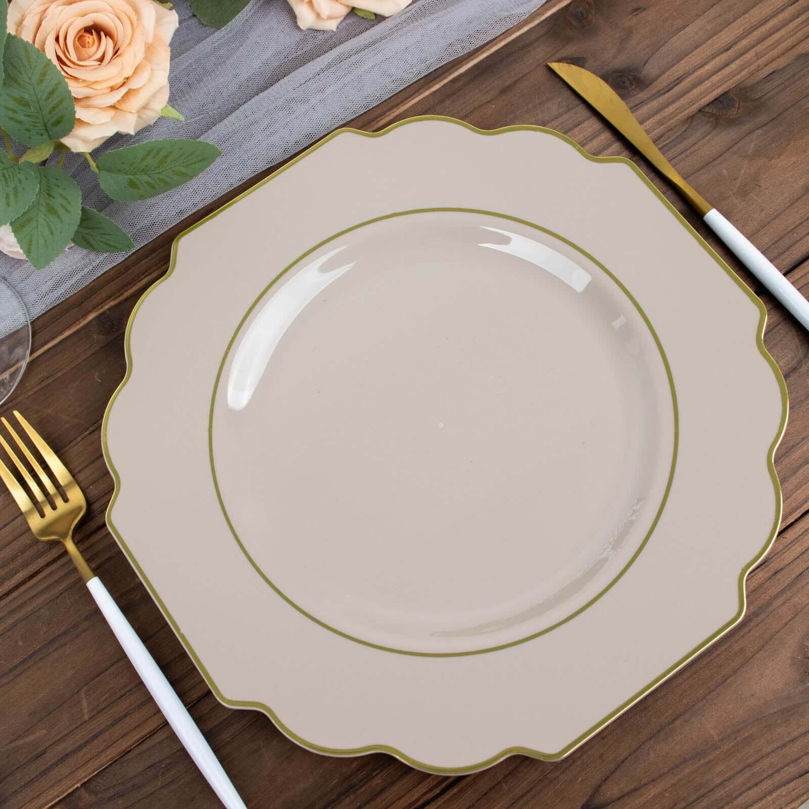 10-Pack Plastic Dinner Plates in Taupe Baroque Design with Scalloped Gold Rim - Heavy Duty Disposable Party Plates 11"