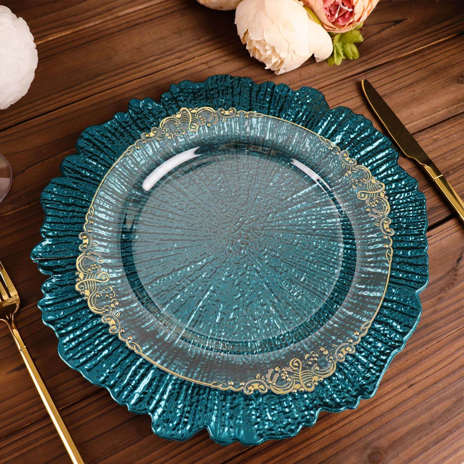 6-Pack Acrylic Plastic Round Charger Plates 13" in Peacock Teal with Reef Design, Dinner Charger Tableware
