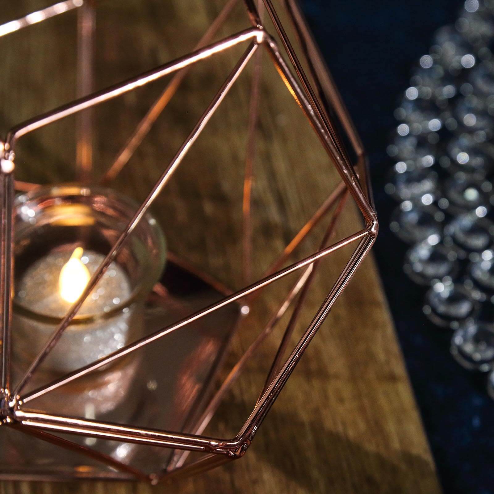 Tealight Candle Holder Rose Gold Metal Pentagon Prism Geometric Open Frame - Flower Stand 7"